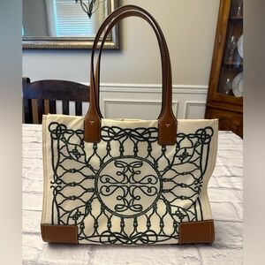 Tory Burch Ivory and Tan Tote with Black Embroidery
